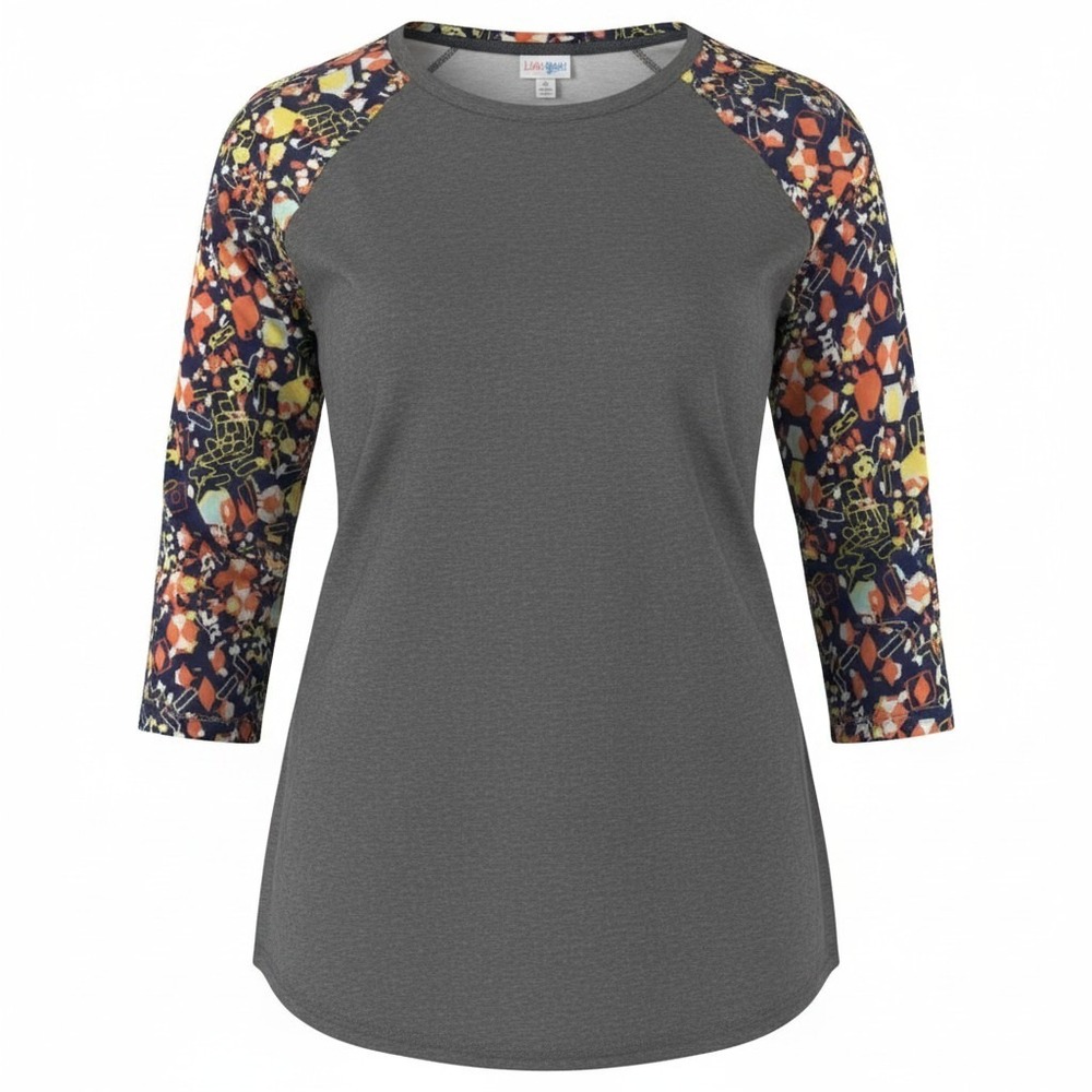 LuLaRoe Randy Baseball Tee Womens Medium Gray Multi Geometric 3/4 Sleeve Raglan